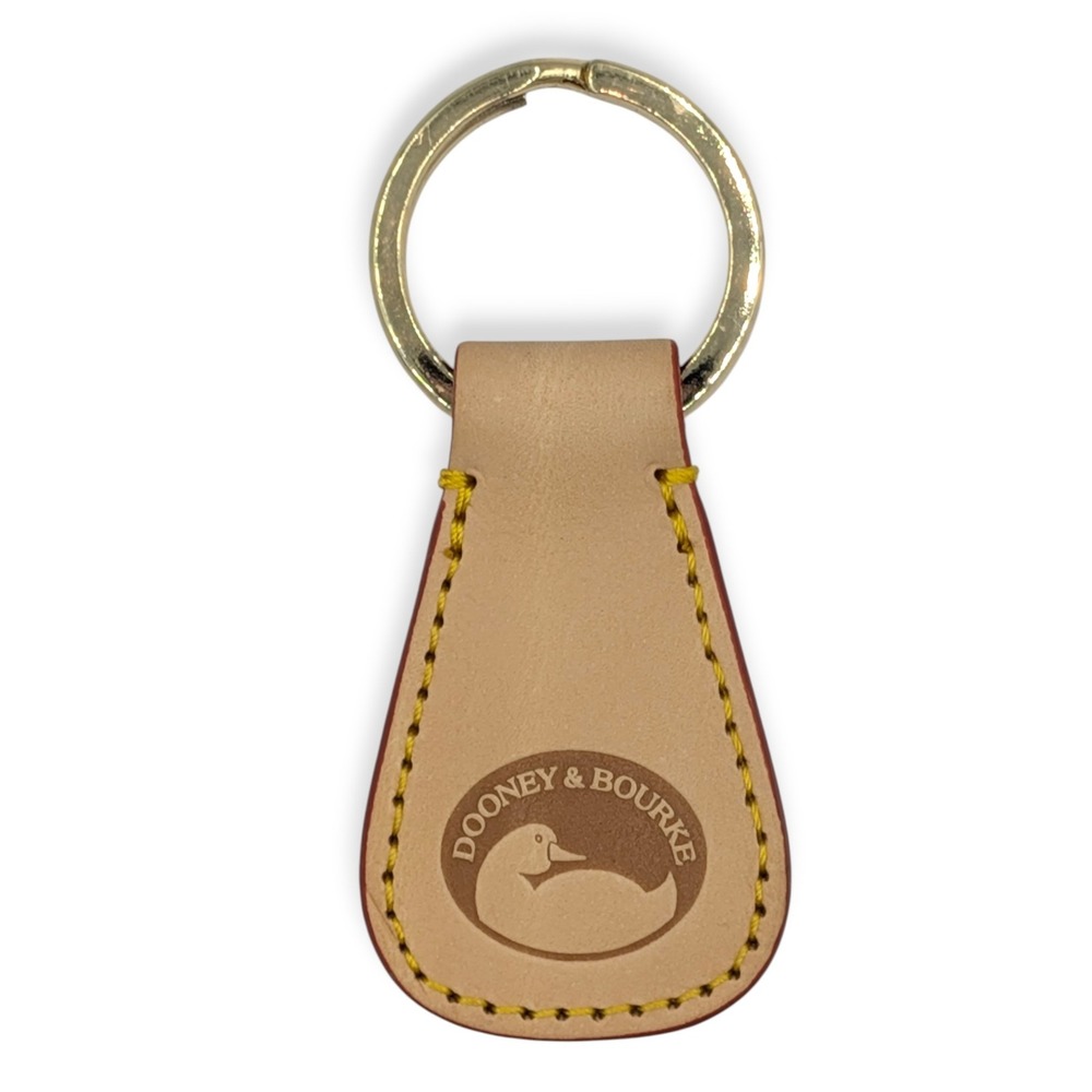 Dooney & Bourke Keychain Key Fob Tan Beige Leather Duck Logo Gold Tone Hardware